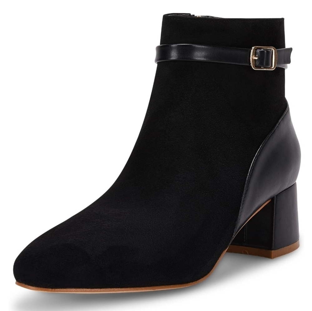 Coutgo Chunky Heel Round Toe Side Zip Metal Buckle Ankle Boots in Black Size 9